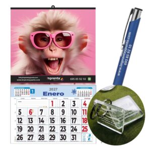 Pack Premium: 100 Calendarios con Faldilla + 100 Bolígrafos + 100 Llaveros personalizados