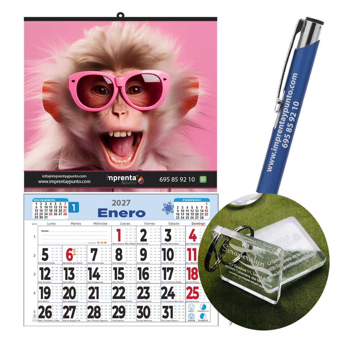 Pack Premium: 100 Calendarios con Faldilla + 100 Bolígrafos + 100 Llaveros personalizados